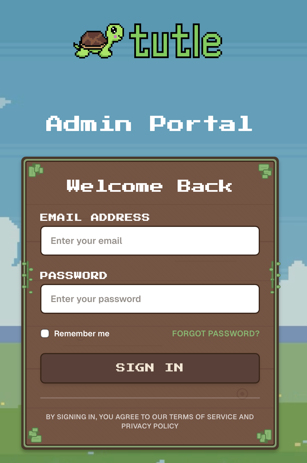Redesigned sign-in page with pixel art sky background and tutle branding