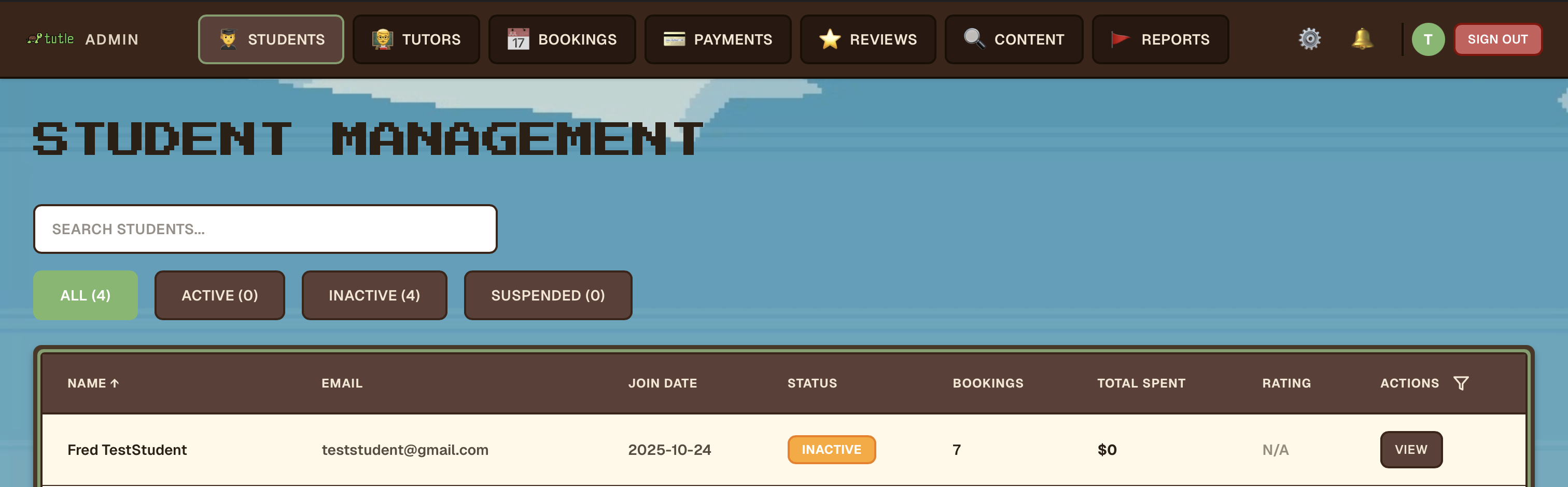 Redesigned student management with pixel art styling, search, and status filter tabs