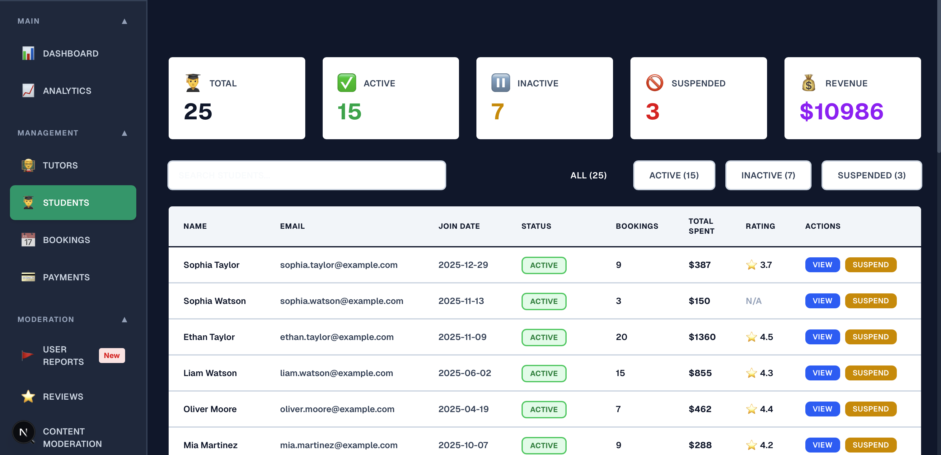 Original student management page with dark sidebar and sortable table