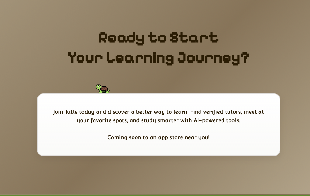 CTA section — walking pixel turtle animation with Coming soon to an app store near you messaging