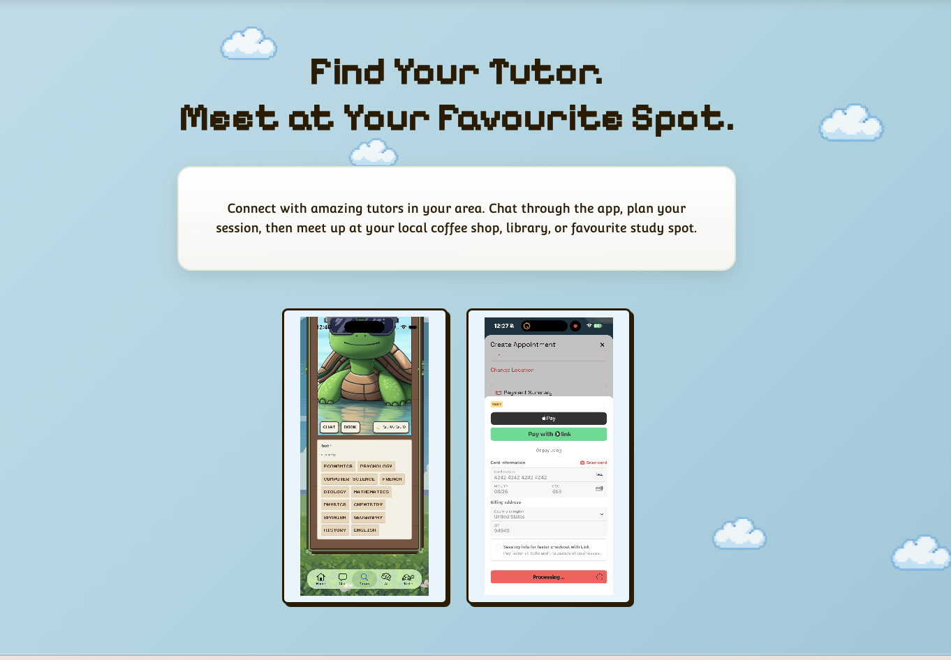 tutle.ca hero section — pixel art sky background with two side-by-side demo videos showing tutor browsing and booking flow