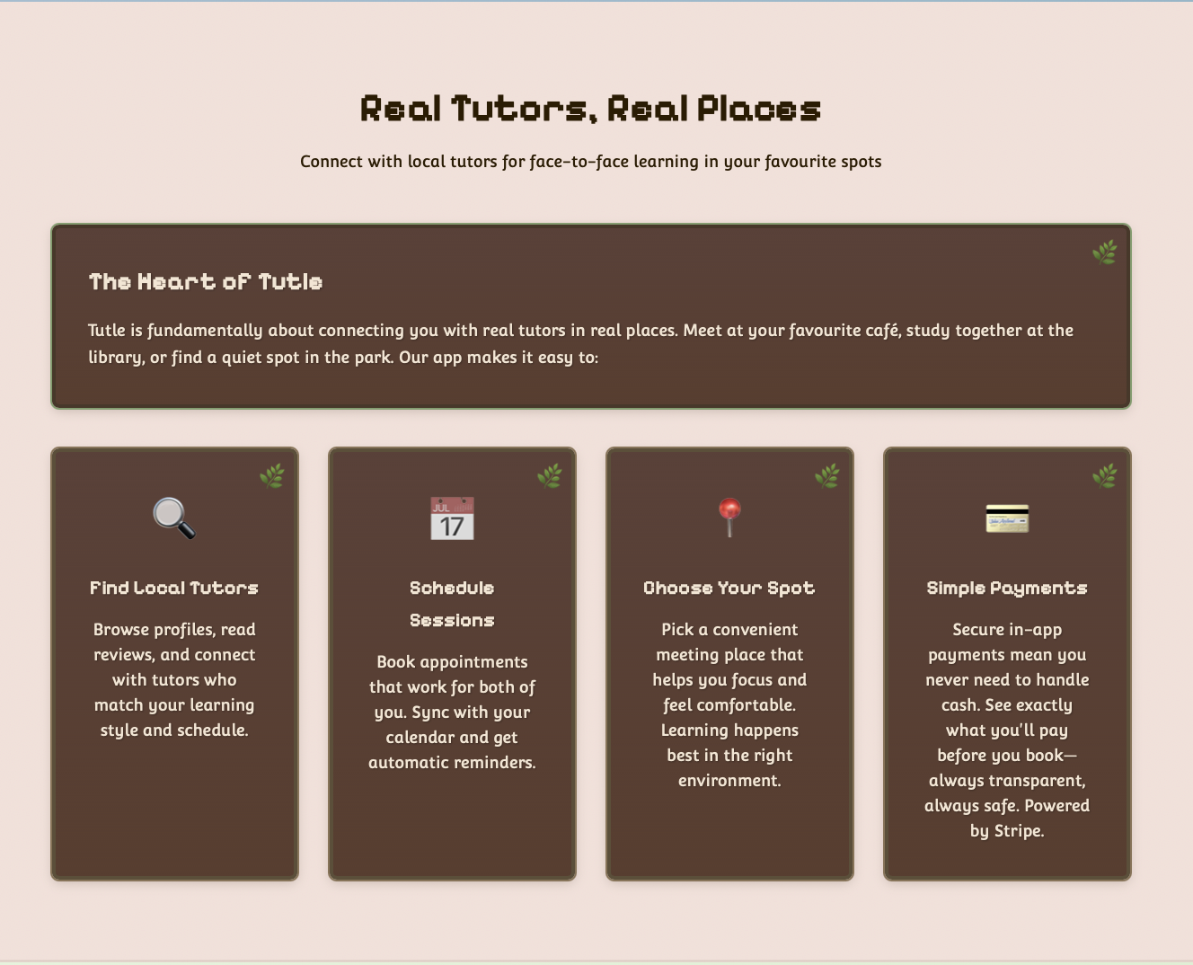 Real Tutors, Real Places section — four feature cards covering find local tutors, schedule sessions, choose your spot, and simple payments