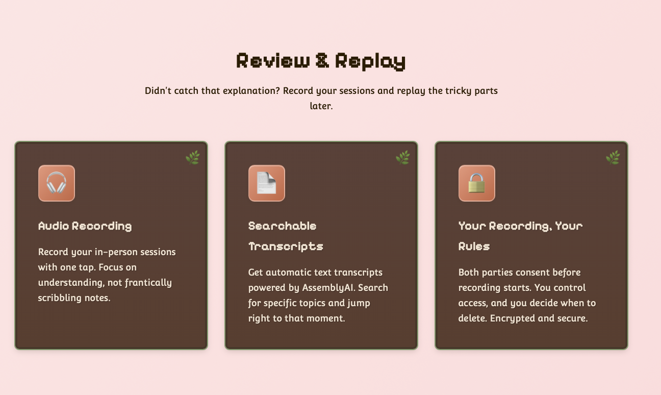 Review and Replay section — three cards for audio recording, searchable transcripts via AssemblyAI, and user-controlled access
