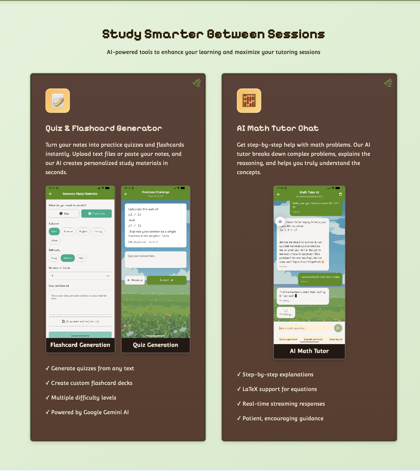 Study Smarter Between Sessions section — two AI tool cards for quiz and flashcard generator and AI math tutor chat, each with embedded demo videos