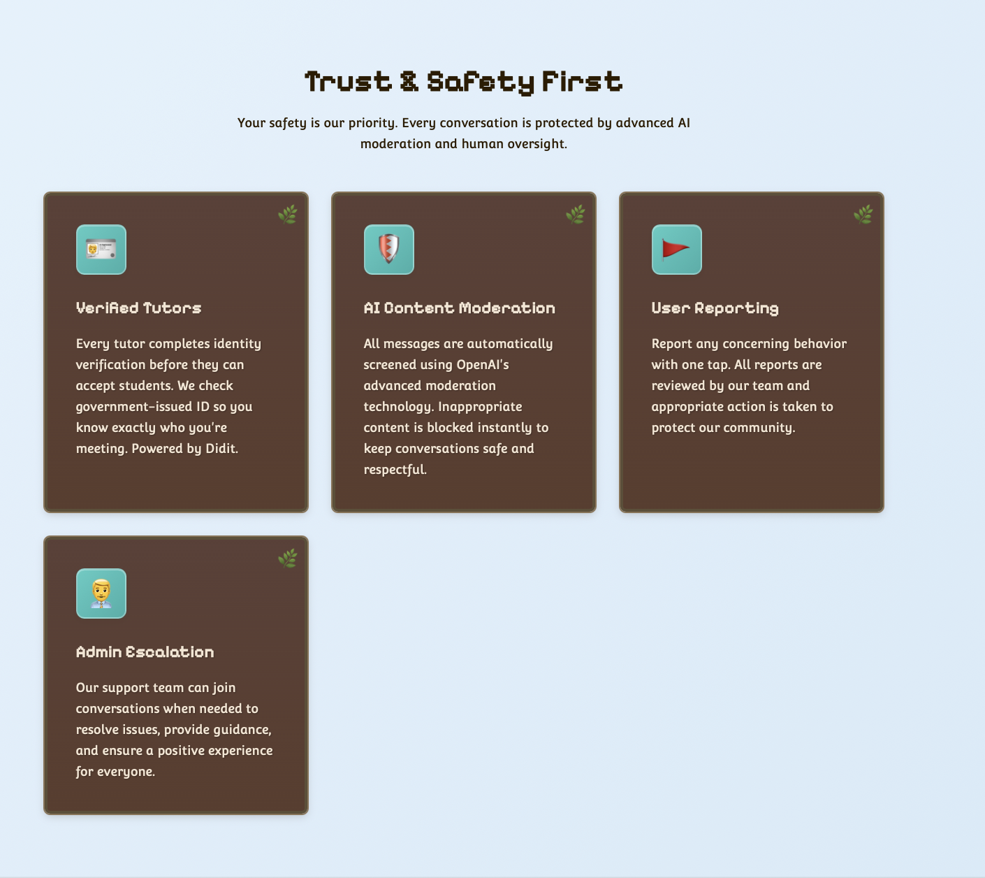 Trust and Safety First section — four safety pillar cards covering verified tutors via Didit, AI content moderation, user reporting, and admin escalation